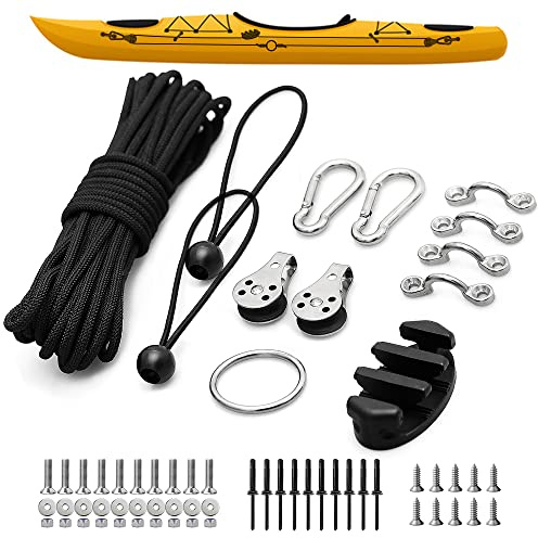 Kayak Anchor Trolley Kit Anchor Wizard Kayak LeverLock Anchor Trolley,Anchor System for Kayak Canoes Boat etc,Rope Cleat carabiner Pulley Anchor Ring Pad Eyes 30 Feet paracord,With Bolts Screws Rivets