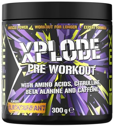 SCI-MX - X-PLODE Pre-Workout - 300g - Blackcurrant Flavour - 250mg Caffeine, 6g Citrulline Malate, 3.2g Beta Alanine / serving - Suitable for Vegetarians + Vegans