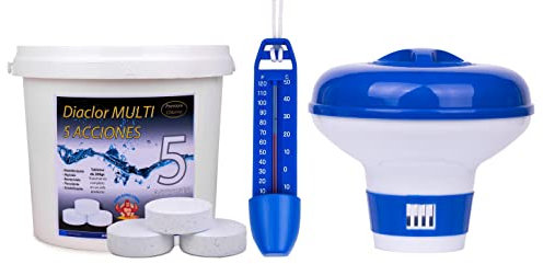 Kit Cloro Piscinas Grandes DIACLOR Multi 5 ACCIONES 5 KG (Pastillas 200 GR) SIN Cobre + DOSIFICADOR + TERMÓMETRO