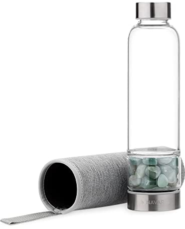 Navaris Wasserflasche mit Mineralstein und Neoprenhülle 420ml - Edelsteine Trinkflasche mit Hülle - Kristall Flasche Glasflasche Wasser Aventurin