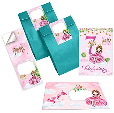 Junapack 12 Einladungskarten zum 7. Kindergeburtstag Einladung zum siebten Geburtstag Mädchen Prinzessin mit Einhorn incl. 12 Umschläge, 12 Tüten/petrol, 12 Aufkleber