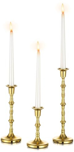 Inweder Vintage Gold Kerzenständer aus Metall für Tischdeko, 3 Stück | für 2.2cm Stabkerzen, 16/23.5/31cm Hoch, Mattes Finish, Messing Kerzenhalter für Hochzeit, Weihnachten, Partys & Wohnzimmer