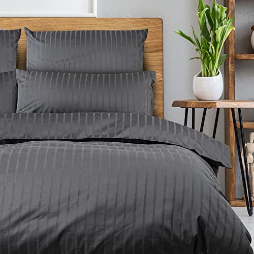 slummer Bettwäsche 135x200 Baumwolle 2teilig anthrazit grau - Damast Streifen - Reißverschluss Mako-Satin - Hotelbettwäsche - Winter