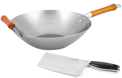 Ken Hom Wok 36 cm Induktion aus unbeschichtetem Karbonstahl mit Buchenholz-Griff - vielseitige Wokpfanne für verschiedene Herdarten - Set inkl. Hackmesser 18 cm