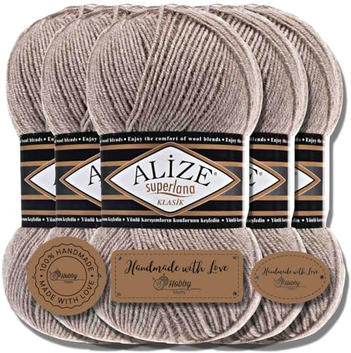 Hobby YARN 3x Etikettenlabel mit Alize Superlana Klasik Wolle Premium 5x100g als Set, Yarn, Garn, Strickgarn, Einfarbig, Baby, zum Häkeln, Stricken, Kleidung, Schals (Light Brown Melange - 207)