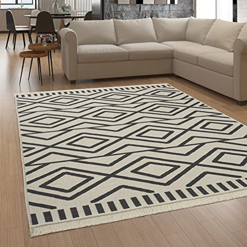 Paco Home Teppich Wohnzimmer Schlafzimmer Boho Design Waschbar Bis 30 Grad Skandinavisch Mit Fransen Wendbar Moderne Deko, Grösse:140x200 cm, Farbe:Anthrazit 2