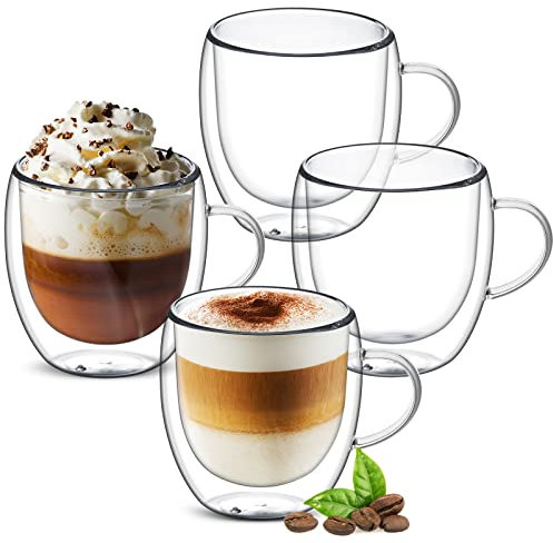Ulrikco 250ml /8oz Double Walled Glass Coffee Mugs with Handle, Clear Coffee Cups and Mugs Set of 4, Insulated Drinking Glass Coffee Cup, Espresso Mug Cups for Latte, Hot/Cold Drink