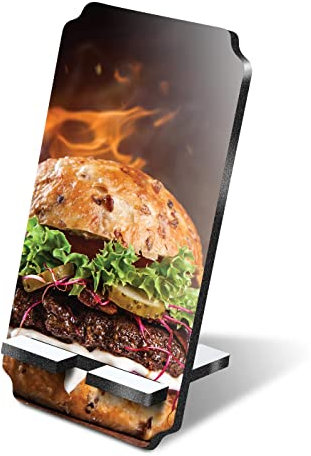 Destination Vinyl Ltd 1 x 5mm MDF Mobile Phone Stand - Flaming Burger Food Grill Wooden Stand Holder for Mobile Phone, Smartphone #2654