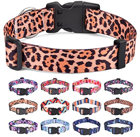 HQYDDMI Hundehalsband, Weich & Komfort Nylon Hunde Halsband, verstellbar für Katze, Welpen, kleine, mittelgroße und große Hunde, mit Blumen Muster(Leopard Muster,M)