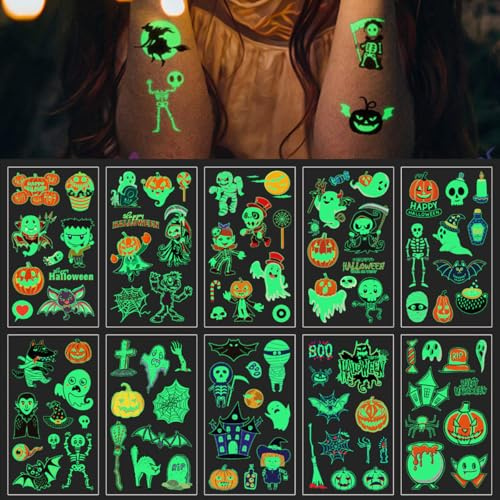 Halloween Tattoos Kinder, 10 Blätter Leuchten im Dunkeln Temporäre Kindertattoos Set, Kürbis Fledermäuse Hexe Skelett Ghost Kinder Aufkleber für Mädchen Jungen Kindergeburtstag Party Deko Mitgebsel