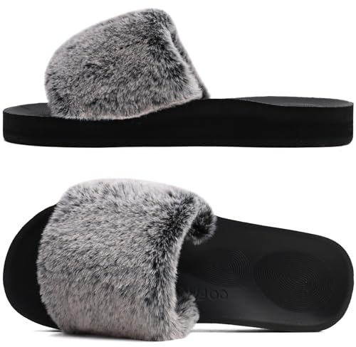 COFACE Arch Support Slippers for Women Ladies Faux Fur Slip On Sliders Orthopedic Slippers for Plantar Fasciitis