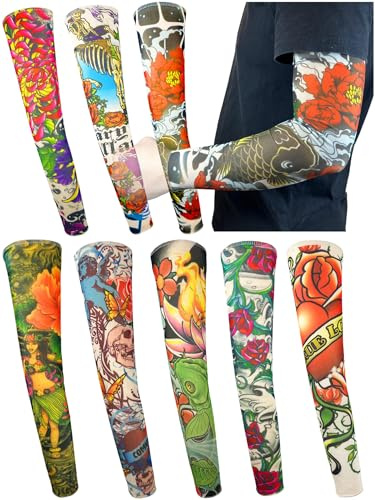 iToolai Temporary Tattoo Sleeves for Men, 8 pcs Set UV Protection Cooling Chic Arm Sleeves Slip on(Flowery Designs)