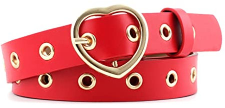 Lässiger Gürtel for Damen, Herz-Gold-Schnalle, verstellbar, einzelne Öse, Öse, Punk, modischer Lederbund, 1 Stück (Größe: ca. 110 cm x 2,3 cm, Farbe: Rot) (Color : Rosso, Size : About 110cmx2.3cm)