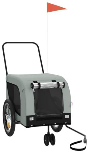 vidaXL Fahrradanhänger für Hunde, Hundeanhänger mit Reflektoren Flagge, Hundetransporter Maximale Belastbarkeit 45 kg, Haustier Transportwagen, Grau Schwarz Oxford-Gewebe Eisen