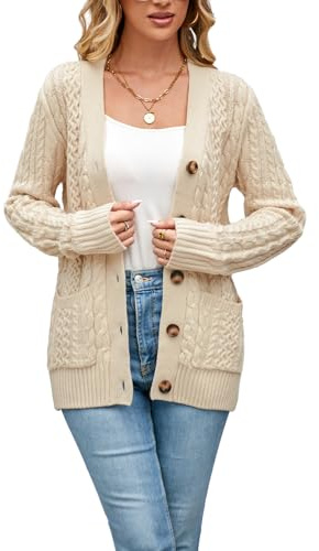 BuyiRen Womens Cardigan Sweaters Cable Knit Sweater 2026 Fall Winter Chunky Open Front Button Down Coats with Pockets, Beige, UK 16-18