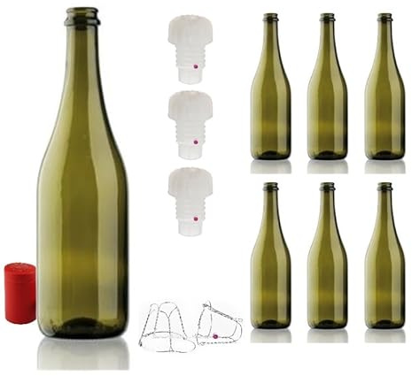 BOTTIGLIA EMILIANA PER VINO E SPUMANTE PROSECCO 750 ML CON PREDISPOSIZIONE TAPPO CORONA COLORE UVAG + Tappi alettati e gabbiette - BOTTIGLIA VUOTA PER VINI PREGIATI - TAPPI CORONA SUGHERO E PLASTICA