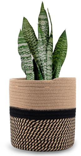Oradrem Pflanzkorb aus gewebtem Baumwollseil, für 27,9 cm großen Blumentopf, bodenstehend, Innenbereich, Aufbewahrungskorb, rustikale Heimdeko, 27,9 x 27,9 cm, Schwarze und braune Streifen