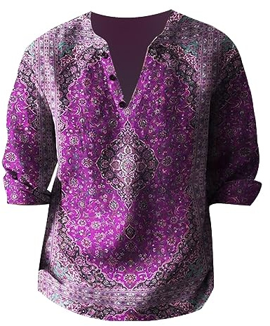 Linen Shirt Men's Short Sleeve Relaxed Fit Henley Shirt Men Retro Ethnic Casual Shirt Summer Beach Patterned Grandad Shirt Men's Stand-Up Collar Long Sleeve Shirt with Floral Print