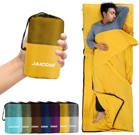 JAICOM Saco de Dormir, 220 x 90 cm Saco Sabana, Saco de Dormir Ultraligero para Adultos, Ideal para mochileros, hoteles y albergues, Ropa de habitación. (Amarillo)