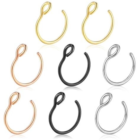 CENCERY 8 Pcs 316L Anneau de Nez Clous de Nez Petits Anneaux de Nez Plain Faux Anneaux de Nez Bijoux de Piercing Septum Bijoux de Piercing Tragus Clous de Nez Élégants pour des Looks Polyvalents