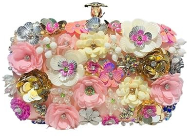 HWJFDC Perlen Tasche 3D-Perlen-Blumen-Abendtasche, Elegante Box-Clutch-Geldbörse, Damen-Hochzeitshandtaschen for Party-Abschlussball(Pink)