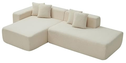 FunniHomi Ecksofa, Sofa mit Schlaffunktion, Wohnlandschaft L-Form mit Bettkasten, 5 Sitz Kompressionssofa, Modernes, Minimalistisches Sofaset Lambswoolsofa, Beige