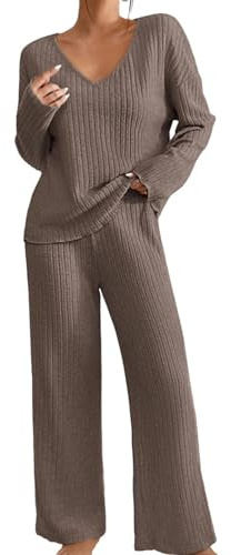 Ensemble Femme Chic et Elegant Pyjama à Manches Longue 2 Pièces Pantalon à Taille Élastique Haut Tricot Vêtement de Nuit Doux Vêtement d'Intérieur Sleepwear Grande Taille Pyjama Femme Hiver