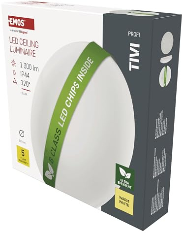 EMOS LED Deckenleuchte TIVI 8,6W, wasserdichte IP44 Aufbauleuchte für Innen, sparsame Wandleuchte in Weiß, rund 32 cm, Helligkeit 1300lm, ersetzt 90W Glühbirne, Warmweiß 3000K, Effizienzklasse B