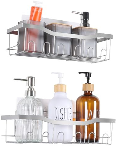 FEILANDUO Shower Caddy Bathroom Shelf Organiser No Drilling Self Adhesive Shower Storage Rack Rust-Free Wall Mounted Shower Shelf for Bathroom, Kitchen, Countertop (Silver, 2 Pack)