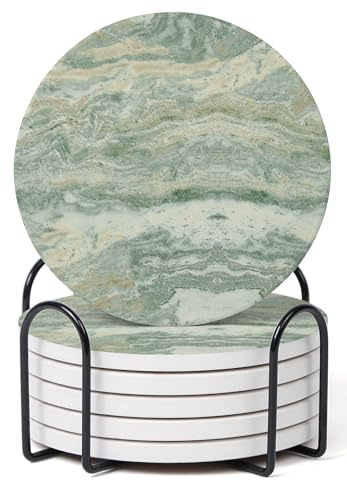 Hoomey Set of 6 Sage Green Abstract Onyx Marble Coasters with Holder, Absorbent Ceramic Coasters for Drinks, Coasters with Cork Backing for Table Protection, Coffee Table Decor