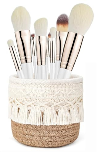YANJINGHE Make-up-Pinselhalter, Geflochtener Mini-Korb, 10x10cm - Organizer, Kosmetikorganiser, Boho-Stil Aufbewahrungsbox für Kosmetikpinsel, Stifte, Bleistifte und Accessoires (Weiß+Khaki)