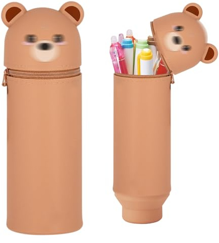 SHRADS 2-In-1 Weiche Silikontasche - Kawaii, Kawaii Federmäppchen, Federmäppchen, Niedlicher Cartoon (Braunbär)