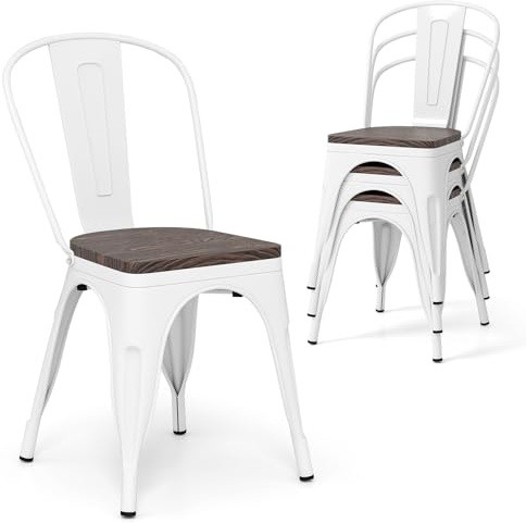 COSTWAY Set of 4 Stackable Dining Chairs, Metal Stacking Side Chairs with Elm Wood/Hollowed Iron Seat & Backrest, Industrial Tolix Chair for Kitchen Dining Room Bar Bistro (Elm Wood Seat, White)