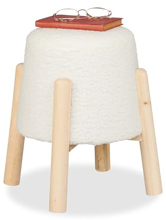 Relaxdays Sittpall, teddypäls, träben, H x D: 40 x 30 cm, vardagsrum, sovrum, rund stoppad pall, vit/natur