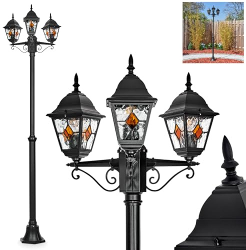 HOFSTEIN Kandelaber Naofe, Außenwegeleuchte aus Metall/Glas in Schwarz/Klar/Orange, Wegebeleuchtung 220 cm, 3 x E27, IP44, Wegeleuchte im Vintage-Design für Garten, Außenbereich, Hof