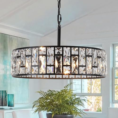 Rviezza Kristall-Deckenleuchten Schwarz, moderne 5-flammige Deckenlampe Schwarz Metall, Hängelampe mit rundem Kristall Lampenschirm, Vintage Pendelleuchten mit dimmbarer E14-Fassung