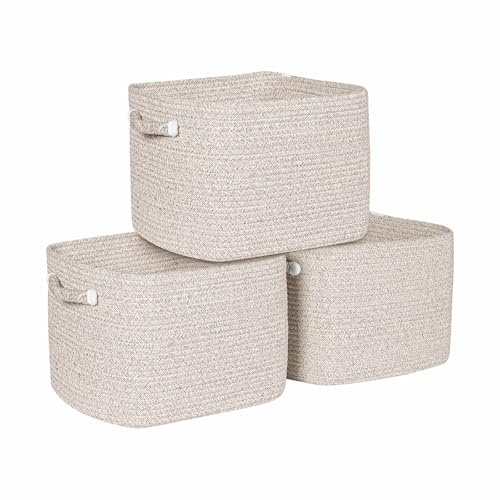 Syeeiex Woven Storage Baskets with Handle, 3 Packs Blanket Rope Storage Baskets for Shelves, Baby Nursery Organiser Hamper for Clothes and Toys Stoarge, Laundry Baskets for Towel Storage, Beige
