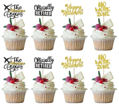 Happy Retirement Cupcake Toppers 12Pcs Black Gold Officially Retired Cupcake Picks No Work Zone Adventure Begins Cake Decorations for Retirement Theme Farewell Birthday Party Supplies A7TXDGZS