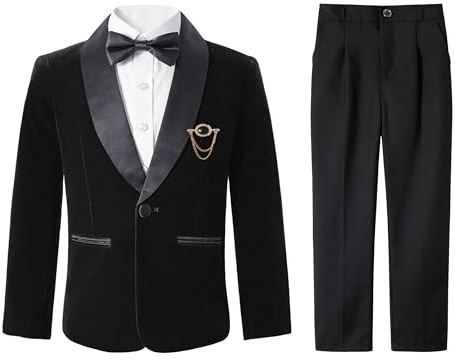 Boys Velvet Tuxedo Suit, 4Pcs Page Boy Wedding Formal Outfit | Kids Prom Party Suits for Boys, Blazer Trousers Shirt Bow Tie Set, Gentleman Smart Wear for Birthday Christmas