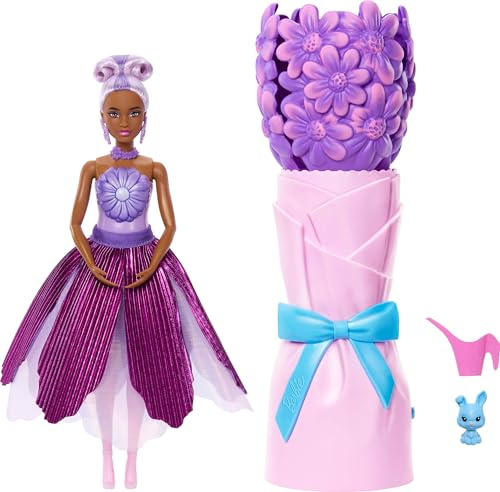 Barbie Petal Pop Scented Doll with Purple Floral Dress & Accessories, Bouquet Reveal with Pet Bunny & Surprises Like Watering Can, Necklace & Earrings​​​​