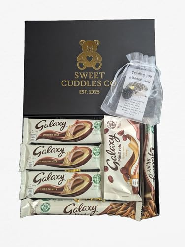 Sweet Cuddles Co Chocolate Gift Box Hamper | Filled with Galaxy Full Sized Bars Smooth Milk, Minstrels | Letter Box Friendly | Luxury Black Box With Surprise Pocket Hug Pouch
