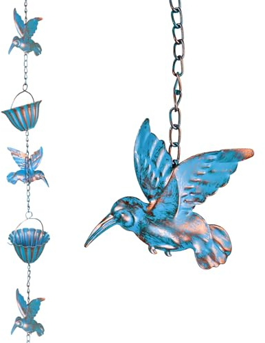 CnosDB 2,4 m Cadena de Lluvia, Rain Chain Colector de Agua de Lluvia Vintage de Hierro Forjado con Forma de Colibrí Azul para Exteriores Apto para Aleros y Canaletas de JardíN