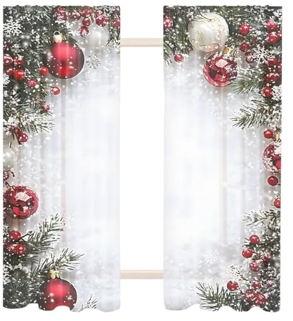shjxi Weihnachtsgardinen | 2 Stücke Weihnachtskugel-Druck Fensterabdeckung - 2D Flach Gedruckte Dekorative Gardinen Mit Schneeflocken Und Tannenzweigmuster - Für Schlafzimmer Weihnachtsdekoration