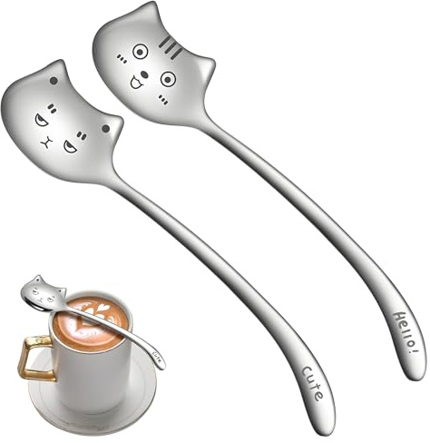 2Pcs Stainless Steel Long-Tail Cat Coffee Spoons, Mirror Polished Teaspoons and Dessert Spoons, Cute Novelty Coffee Spoon for Latte Hot Chocolate Tea, Spoon Set for Home or Café Use