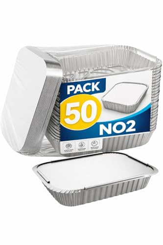 50 Pieces Aluminium Disposable Foil Food Container with Lids NO2, Reusable Takeaway Containers, Great for Baking Roasting Cooking Food Storage, 14.5 x 12.5 x 4.5cm