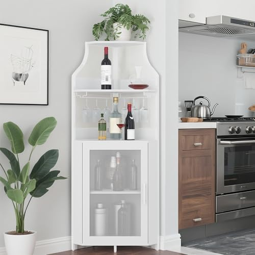 GarveeTech Eckbar Weinschrank– 5-Stufiger Industrie-Bar-Schrank Mit Glasständer, Moderner Spirituosenschrank Mit Höhenverstellbarem Regal & Maschentür – Home Bar Cabinet, Weiß