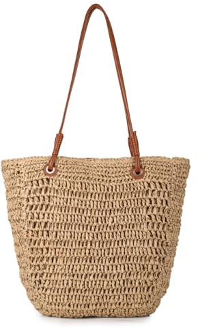 Freiesoldaten Bolso de Paja Tipo Tote para Mujer – Gran Bolso de Playa Tejido a Mano, Asas de Cuero, Verano, Estilo Boho, para Vacaciones, Viajes y Compras