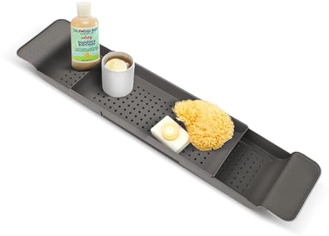 Adjustable Bathtub Caddy Tray – Extendable Bath Rack Shelf for Wine, Candles, Books, Tablets & Phones – Durable PP Bathroom Organizer for Relaxing Soaks (Grey)