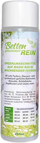 Daunenwaschmittel: Bettenrein, das sanfte Waschmittel Daunen für Daunenkissen, Daunendecken, Daunenjacken, Anoraks, Schlafsäcke und mehr | 250 ml