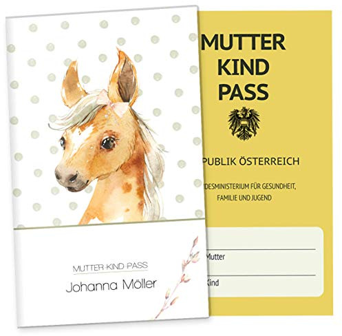 OLGS Mutter-Kind-Passhülle Österreich Bauernhof | Baby Schwanger Geschenkidee Mukipasshülle | Schutzhülle für Schwangerschaft (Hülle für den österreichischen MuKi-Pass personalisiert, Pferd)